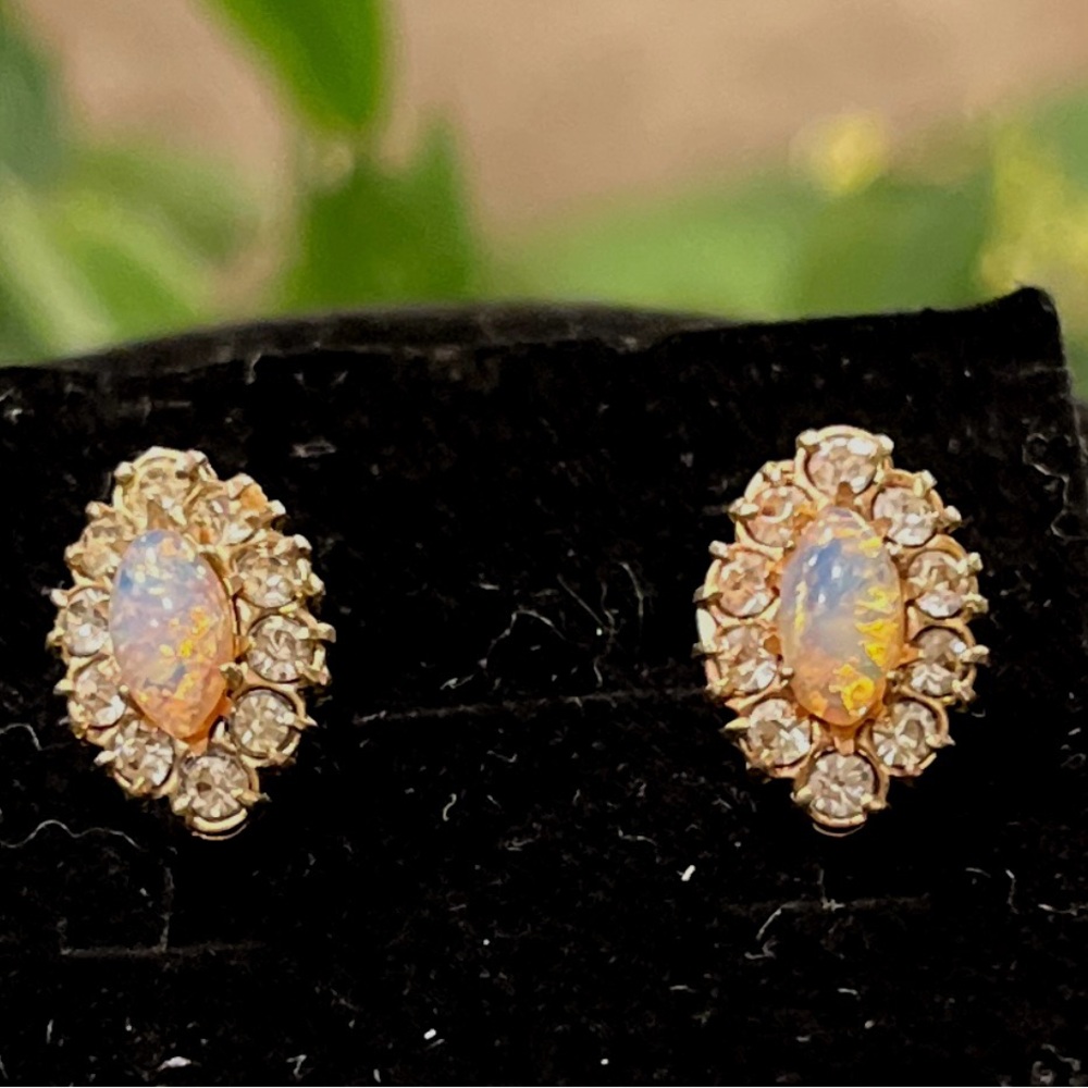 Vargas Clip Simulated Opal and Rhinestones Gold toneEarrings (screw back).